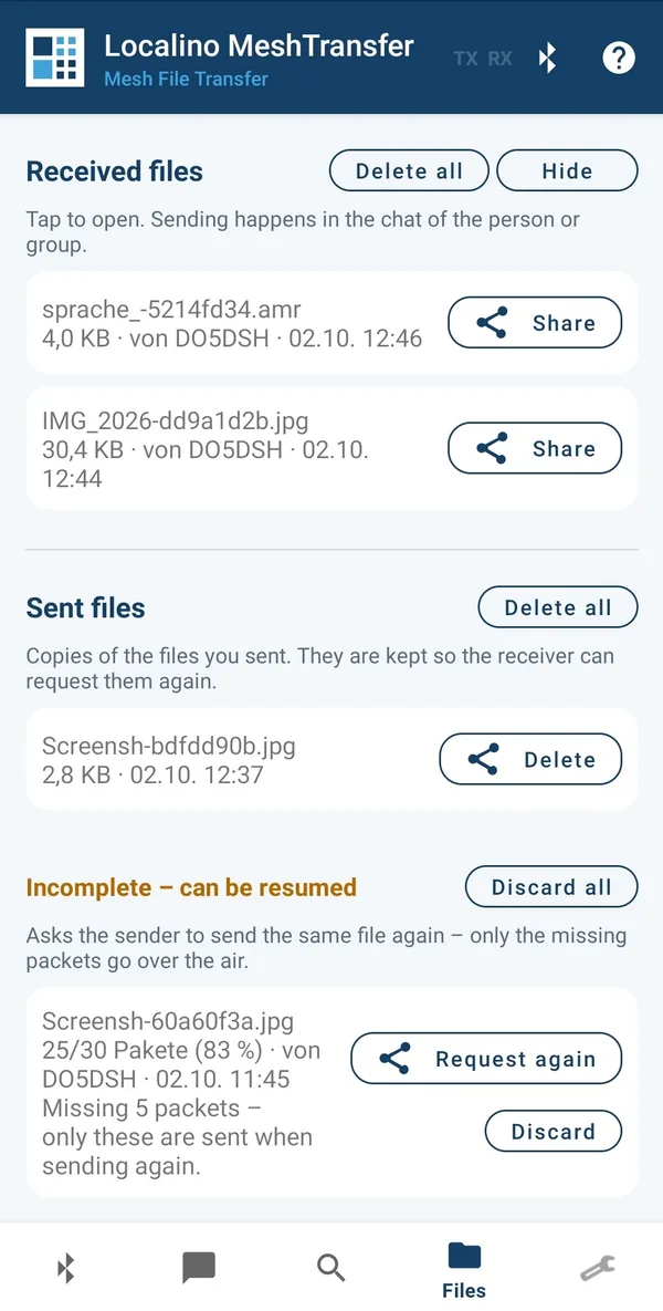 File list with received, sent and incomplete files; an image with 25 of 30 packets can be requested again