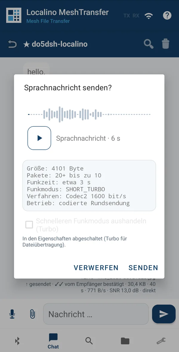 Send dialog for a 6-second voice message: 4101 bytes, about 3 seconds of air time