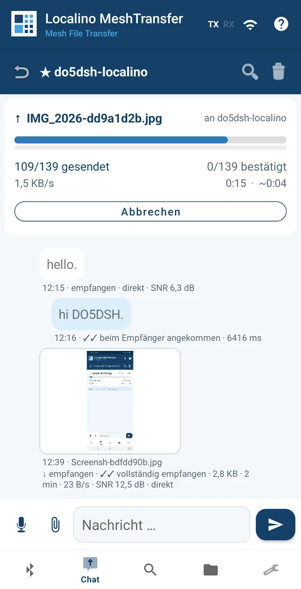 MeshTransfer during a transfer: progress, confirmed packets and data rate - MeshCransfer looks the same