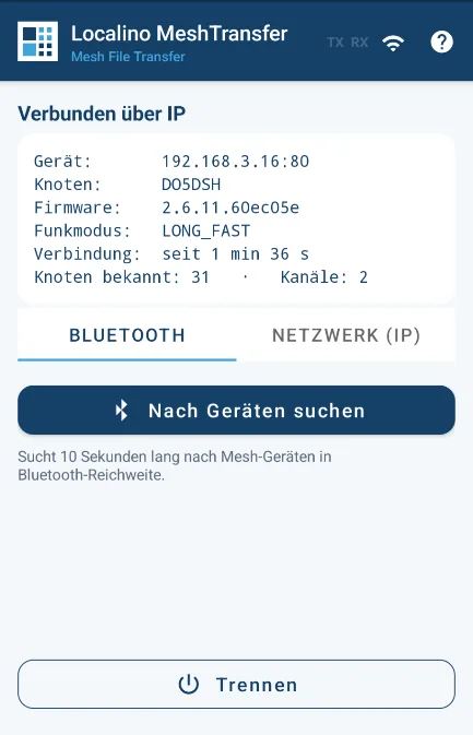 MeshTransfer connection screen: Heltec V3 with Meshtastic firmware 2.6 connected over the network, 31 nodes known