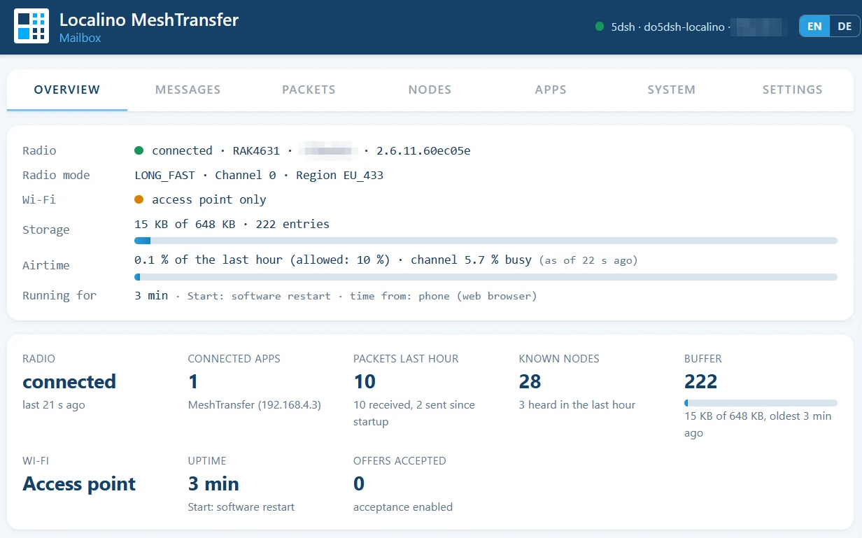 Mailbox web interface in a browser: radio connected over Bluetooth, radio mode, storage and air time, MeshTransfer connected over the Mailbox's own Wi-Fi