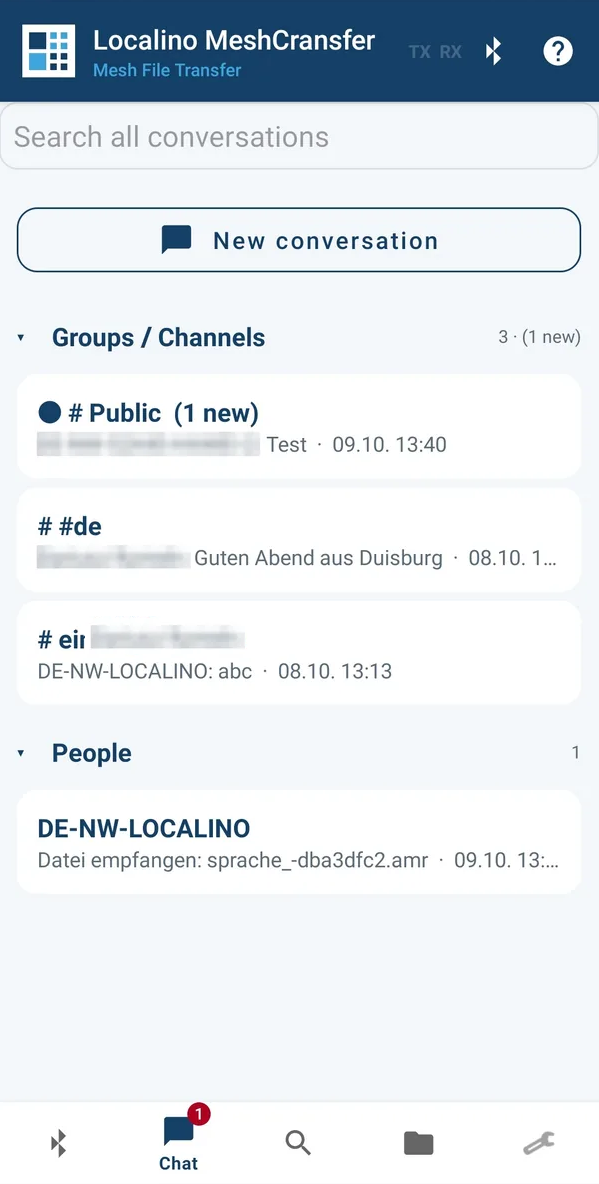 MeshCransfer conversation list with collapsible groups for channels and people