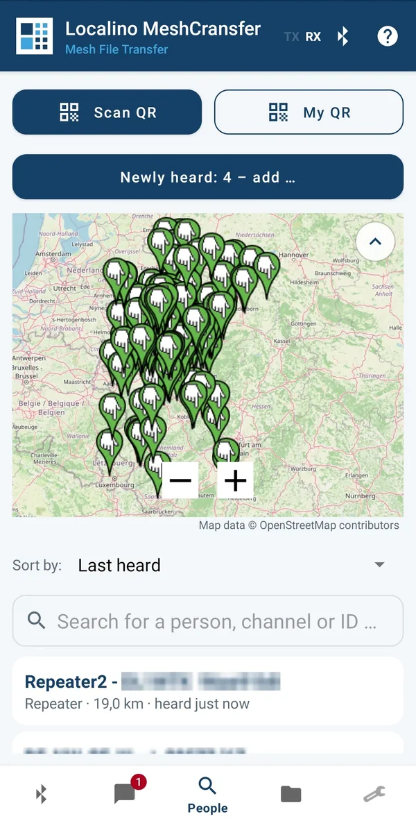 MeshCransfer people list with map of MeshCore nodes in western Germany and a button for newly heard contacts