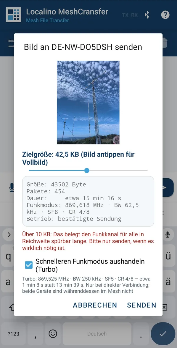 MeshCransfer send dialog for a 42.5 KB image with turbo: about 1 minute 8 seconds instead of 13 minutes 39 seconds