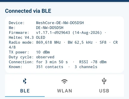 MeshCransfer connection screen: Heltec V4.3 with MeshCore firmware 1.17.1 connected over Bluetooth, 351 contacts known